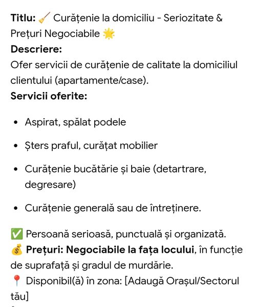 Ofer servicii de curatenie la domiciliu clientului la preturi mici.