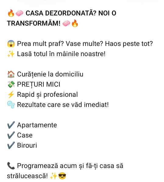 Ofer servicii de curatenie la domiciliu clientului la preturi mici.