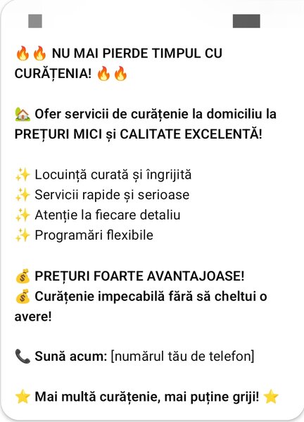 Ofer servicii de curatenie la domiciliu clientului la preturi mici.